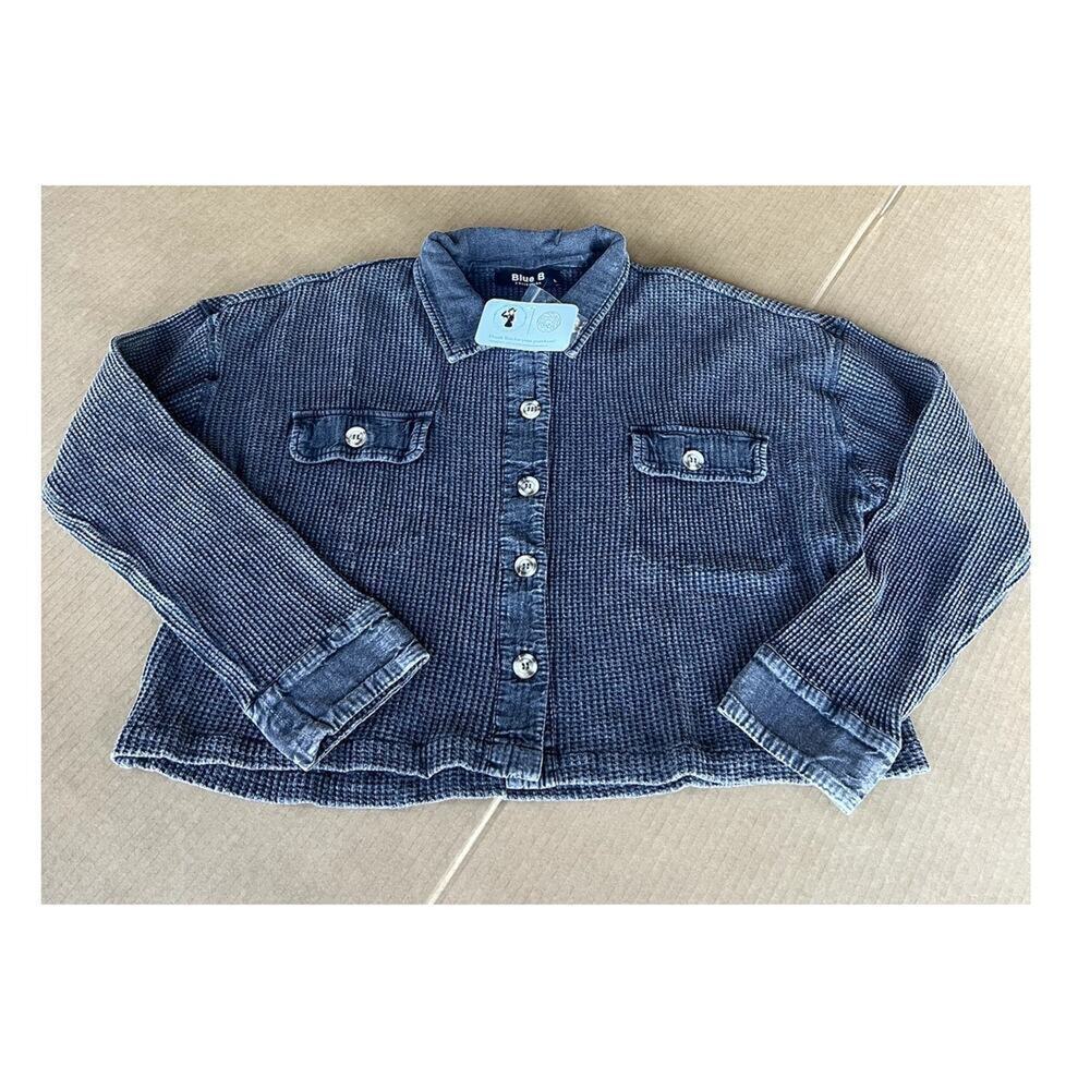 Blue B weathered look black button down jacket, waffle texture, Women's L